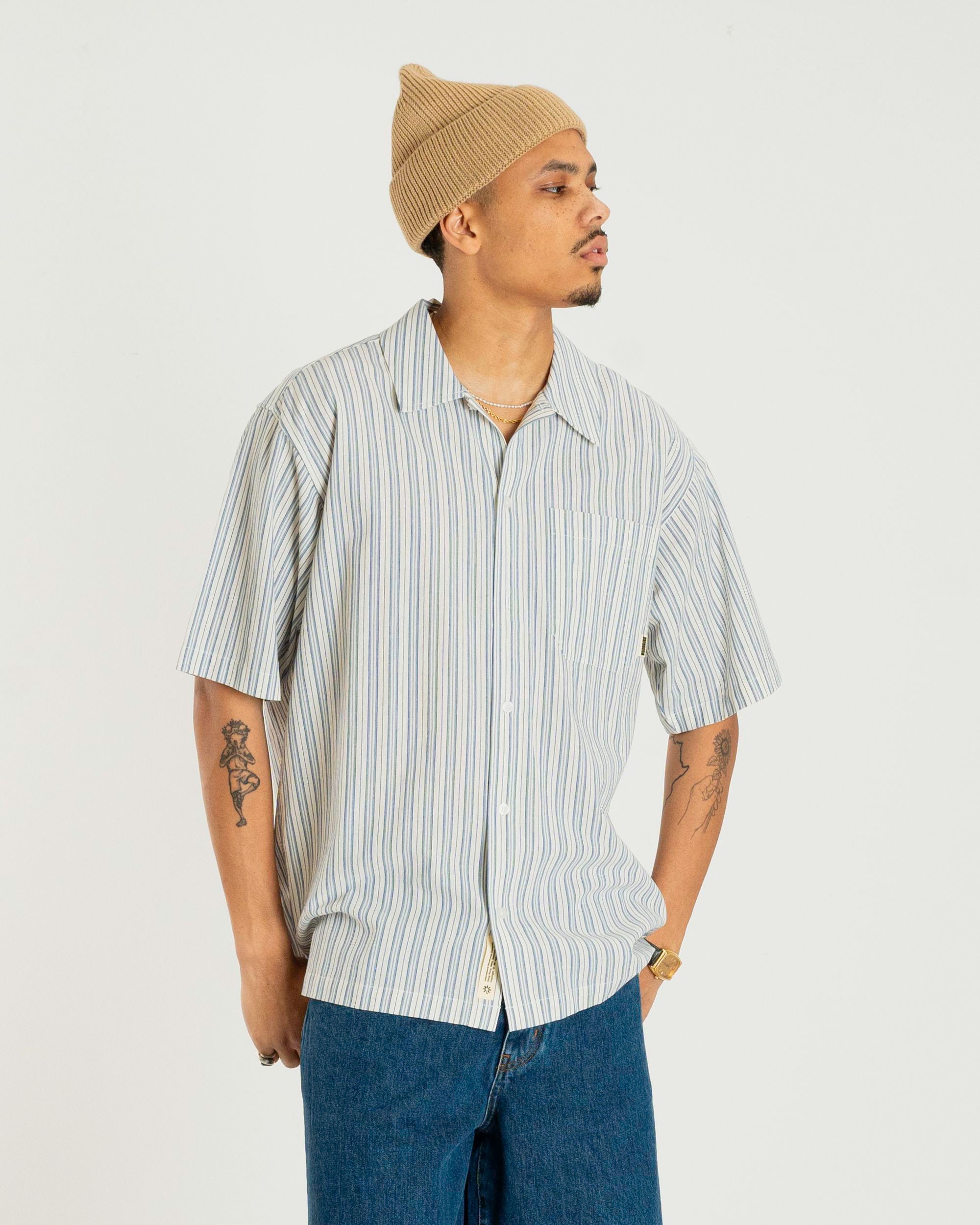 Woodbird WBBanks Stripe Linen Shirt Shirts Light Blue