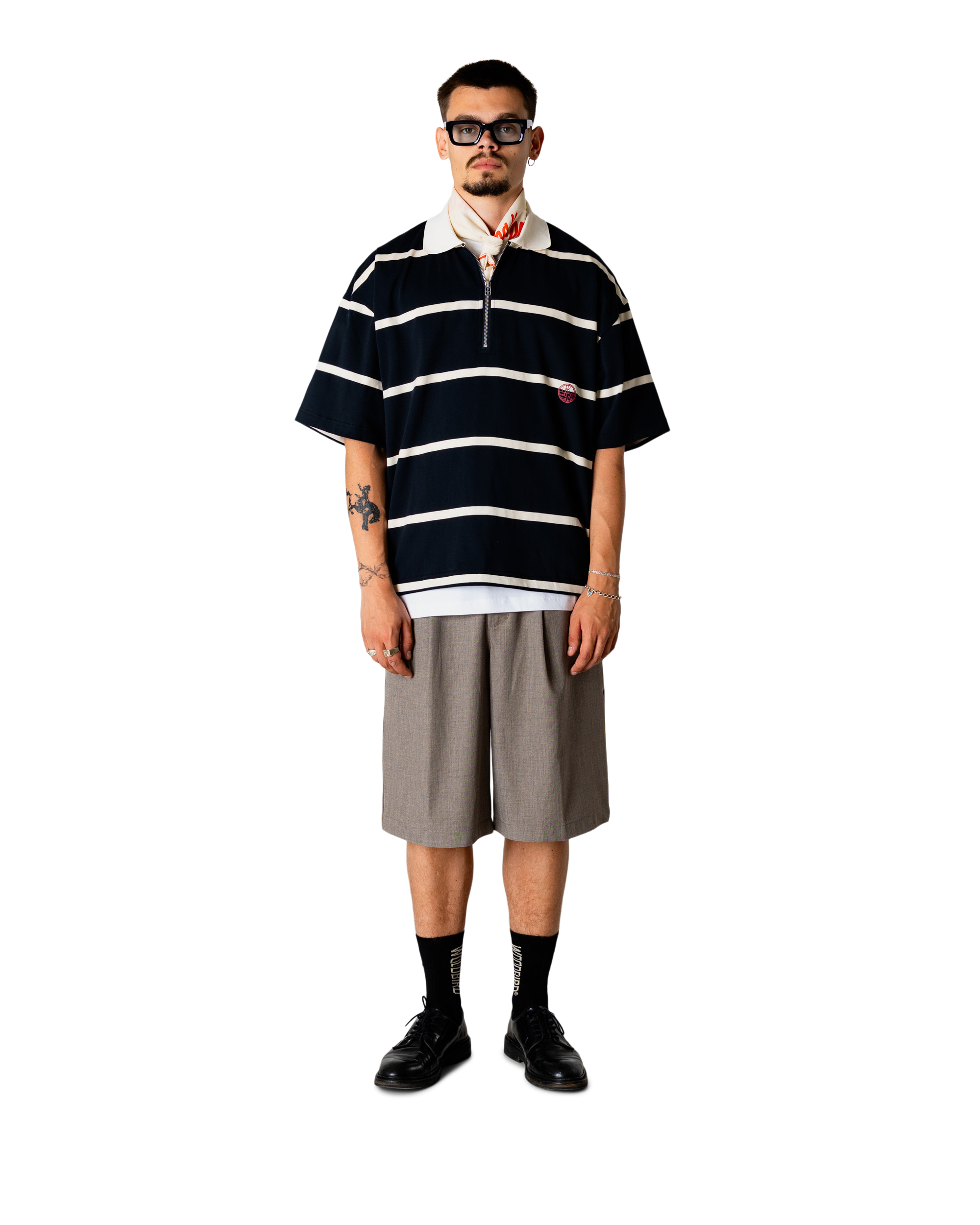 Woodbird WBHiro S/S Stripe Zip Polo T-Shirts Off White-Navy