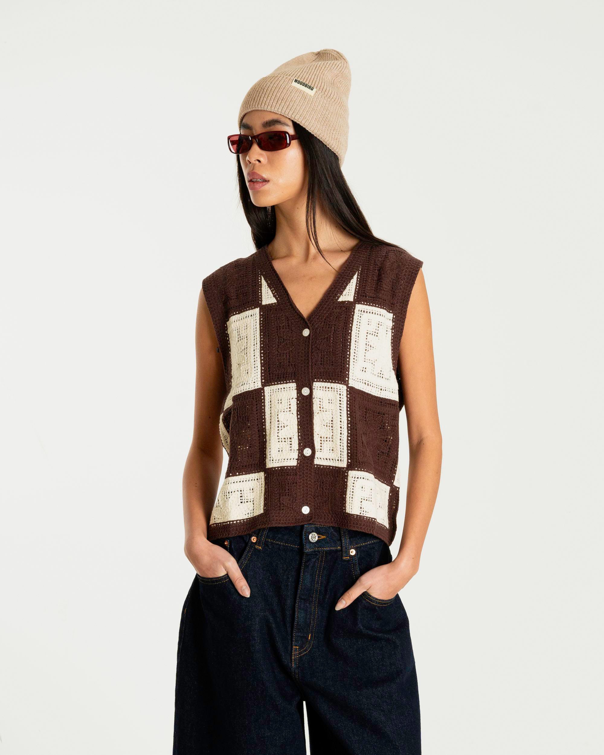 Woodbird Female WBLau Crochet Vest Knits Brown-Off White